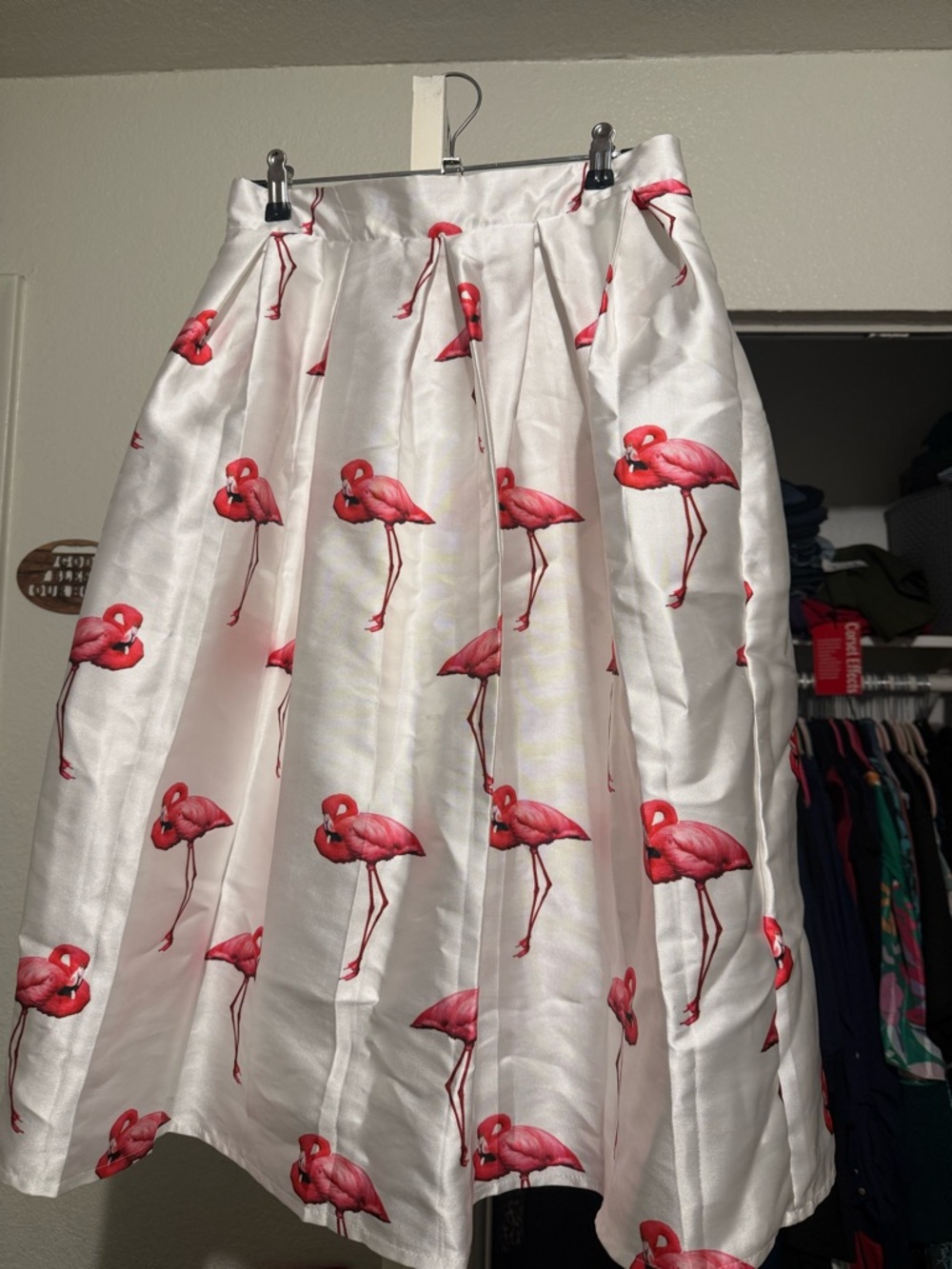 Chicwish White Satin Midi Skirt with Pink Flamingo Print